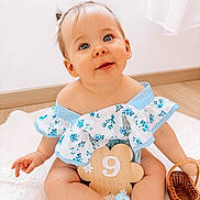 Jade participe au concours pour gagner de l'argent avec cette photo : baby, infant, child, blue_eyes, sitting, floral_dress, off_shoulder, wooden_sign, basket, blanket, cute, portrait, indoor, floor, white_wall, curly_hair, smiling, small_basket, head_tilt, playful