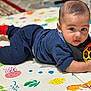 David is registered to the contest to win money with this photo: baby, infant, play_mat, toy, colorful, child, indoor, crawling, clothing, red_socks, blue_outfit, face, hands, floor, young_child, looking, cute, soft_lighting, closeup, expression