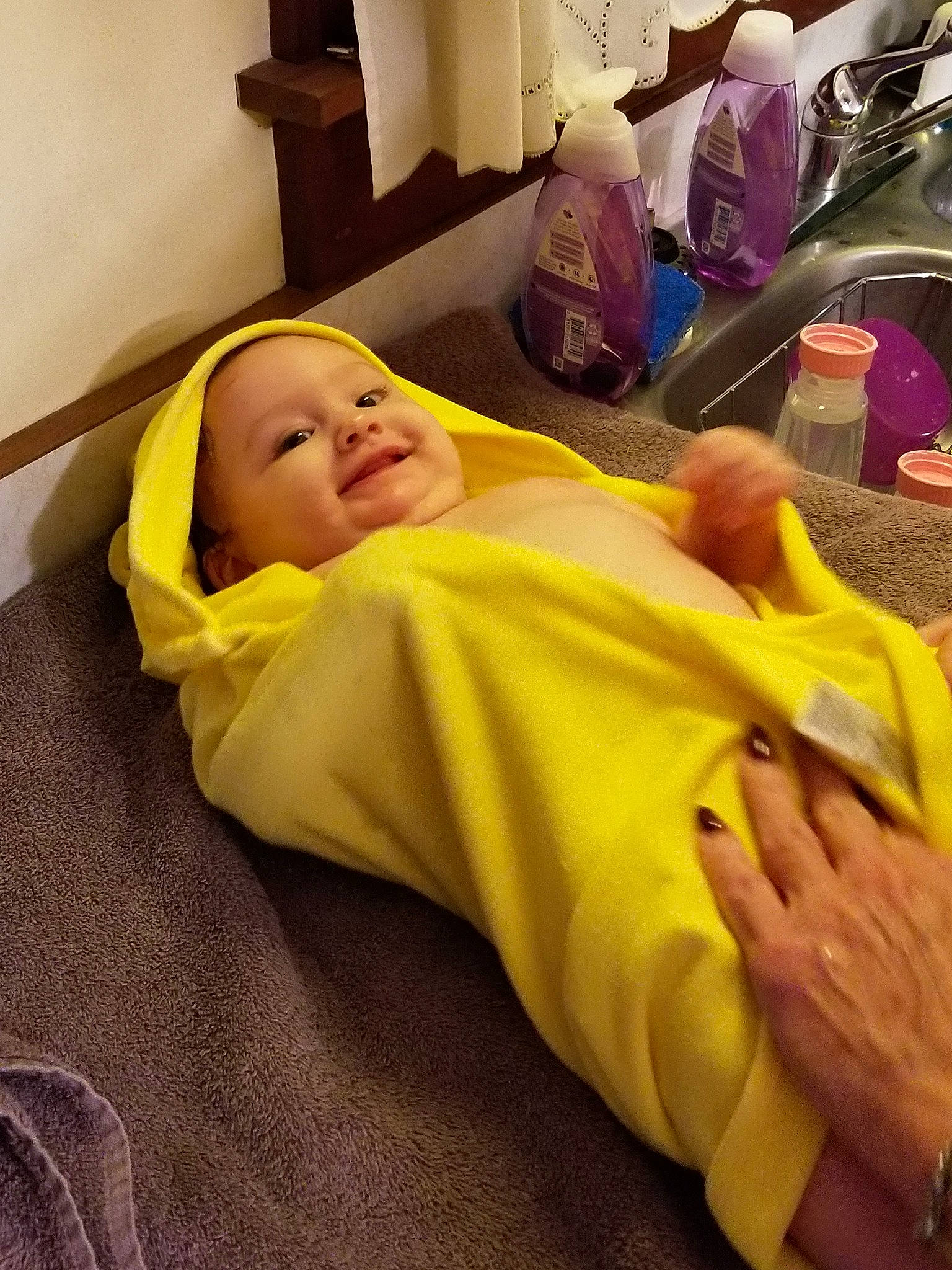 Destiny is registered to the contest to win money with this photo: child, day, flooring, girl, headwear, infant, person, product, room, textile, toddler, yellow