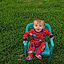 Hudson is registered to the contest to win money with this photo: toddler, child, baby, red_onesie, rocket_pattern, plastic_chair, teal_chair, grass, outdoor, greenery, happy, smiling, sitting, young_child, cute, playful, nature, daylight, portrait, casual