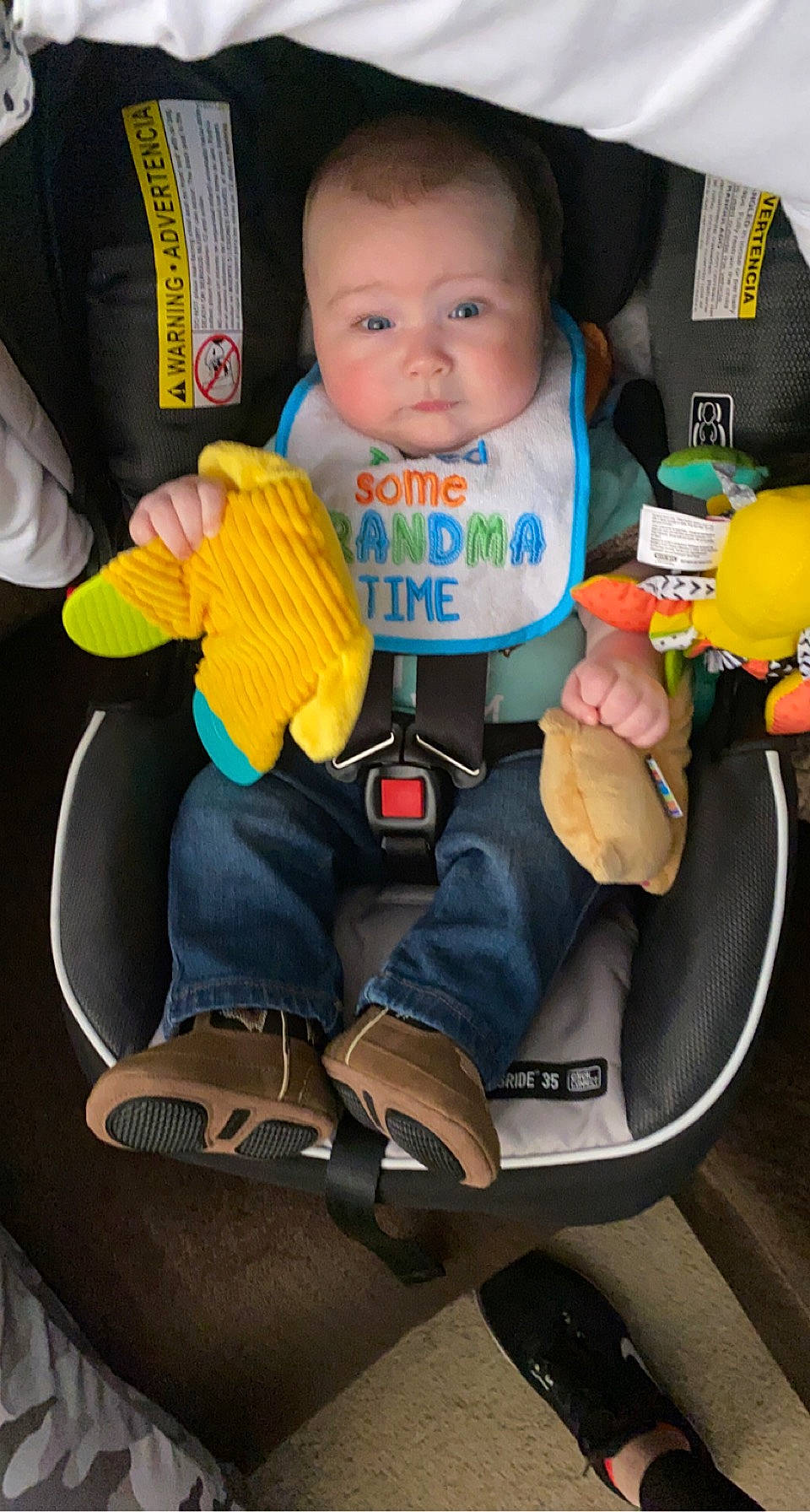 Hunter is registered to the contest to win money with this photo: baby, baby_carriage, baby_in_car_seat, baby_products, baby_safety, baby_toddler_clothing, car_seat, chair, child, comfort, face, finger, fun, head, lap, leg, person, snapshot, toddler, toy