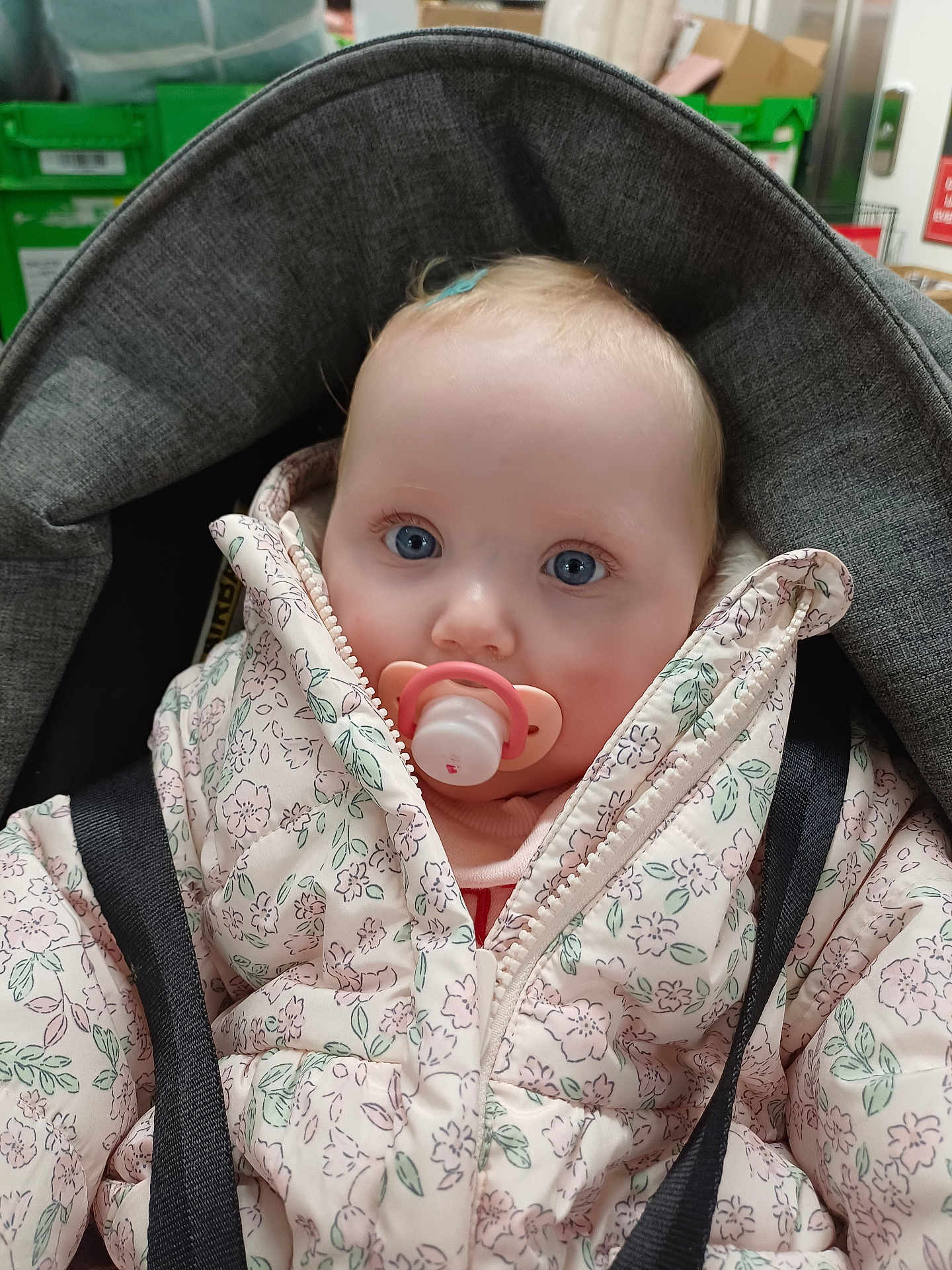 Harper. is registered to the contest to win money with this photo: baby, pacifier, car_seat, jacket, floral_pattern, child, blue_eyes, infant, cute, warm_clothing, indoor, seat_belt, portrait, face, young_child, head, pink, soft, cozy, child_seat