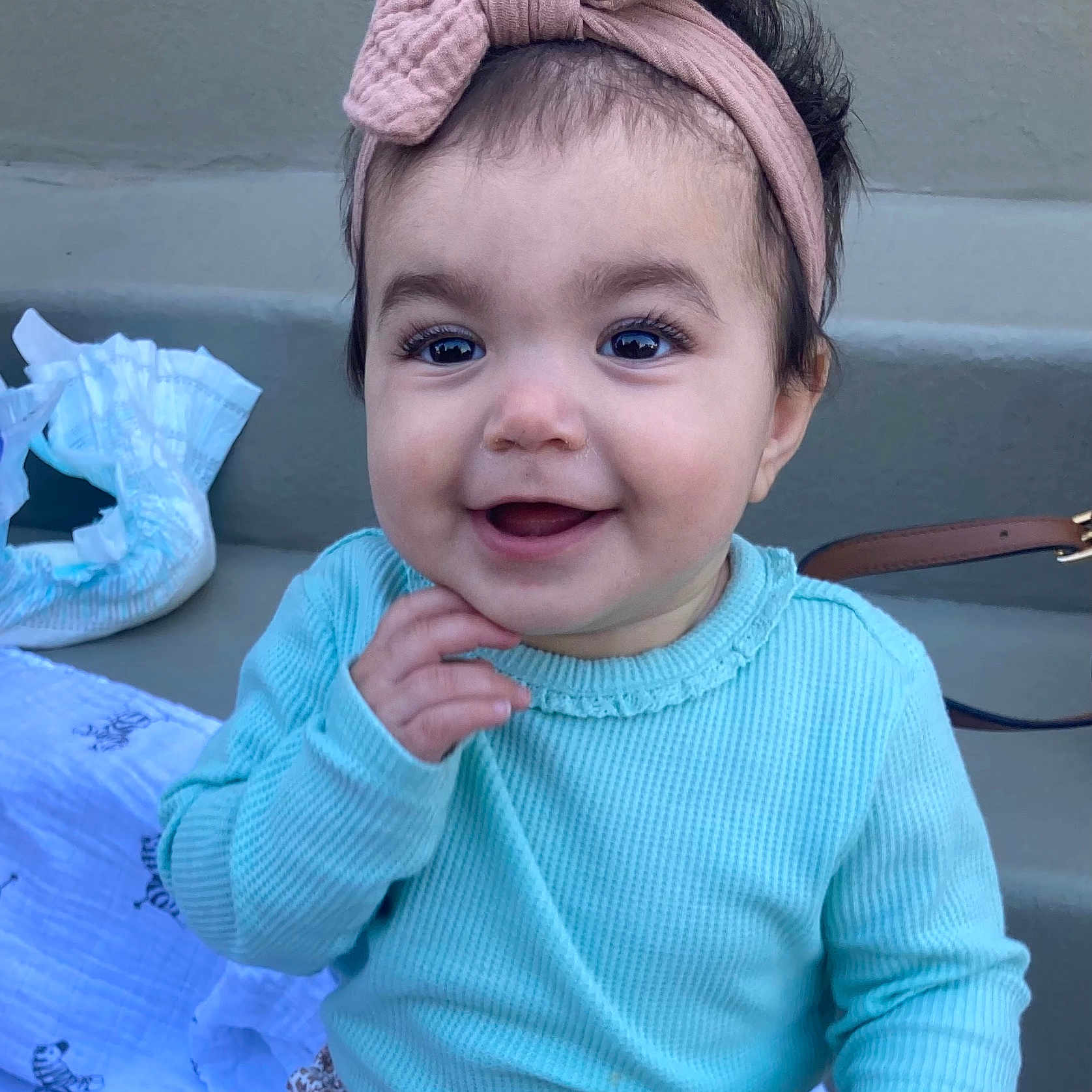 Navleen joined the competition — help win amazing prizes! accessories, baby, babylaughing, bodypart, clothing, dress, face, hair, happy, head, headband, jewelry, laughing, mouth, person, photography, portrait, sleeve, smile, teeth