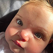 Avalyn is registered to the contest to win money with this photo: baby, close_up, face, eyes, eyelashes, skin, hair, infant, cute, soft_light, expression, portrait, child, young, adorable, pink, clothing, human, person, newborn