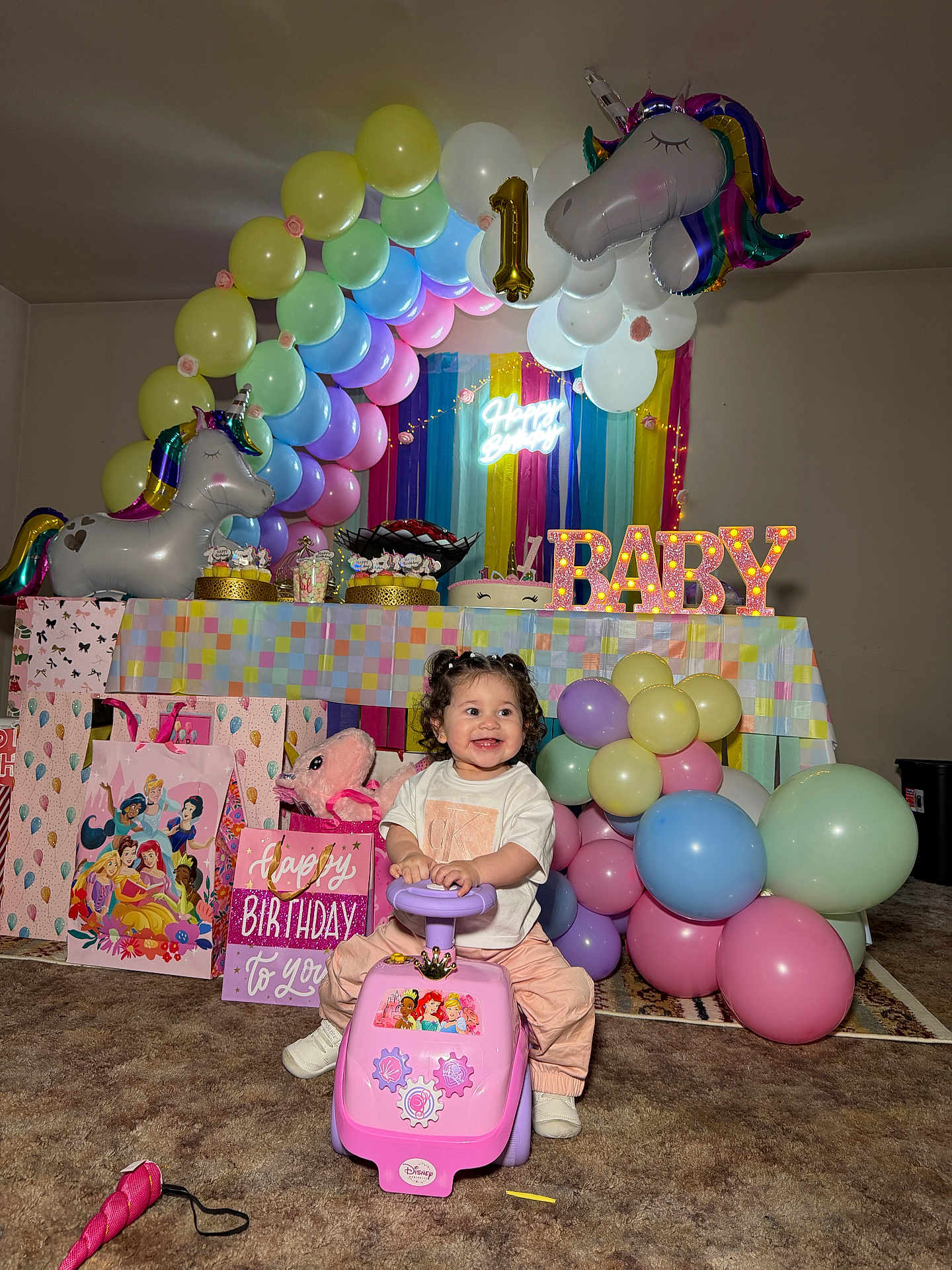 Alaia Julieta joined the competition — help win amazing prizes! toddler, child, birthday_party, balloons, unicorn_balloon, ride_on_toy, pink_toy, gift_bags, princesses, carpet, indoor, celebration, birthday_cake, decorations, smiling, happy, party_table, colorful, present, festive