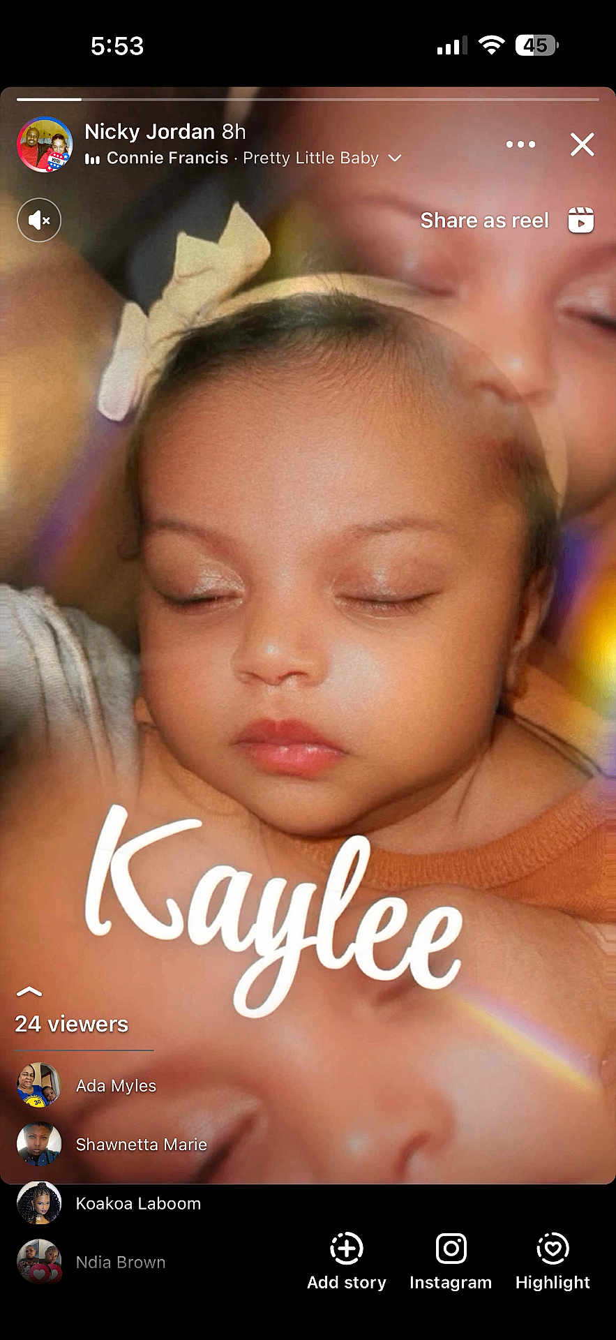 Kaylee joined the competition — help win amazing prizes! baby, child, face, closed_eyes, sleeping, portrait, skin, headband, text_overlay, social_media, instagram_story, viewer_icons, rainbow_light, soft_light, warm_colors, close_up, person, infant, peaceful, cute
