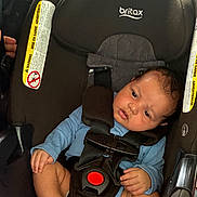 Mason joined the competition — help win amazing prizes! baby, infant, child, car_seat, safety_harness, blue_clothing, bare_feet, sitting, sleepy, portrait, face, hands, legs, indoor, vehicle, automotive, britax, seatbelt, photography, closeup