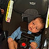 baby, infant, child, car_seat, safety_harness, blue_clothing, bare_feet, sitting, sleepy, portrait, face, hands, legs, indoor, vehicle, automotive, britax, seatbelt, photography, closeup