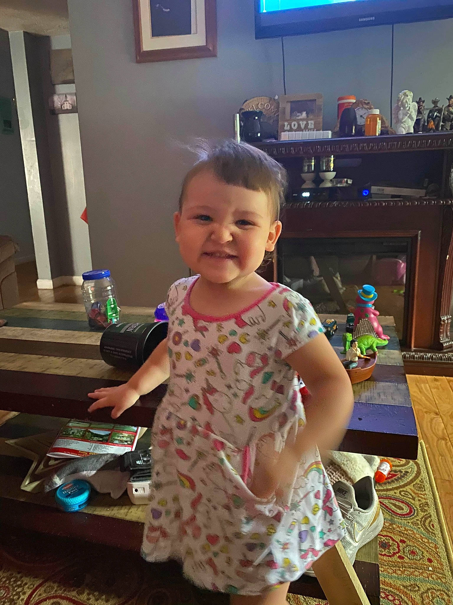 Violet joined the competition — help win amazing prizes! baby, child, dress, electronic_device, fun, joy, person, play, room, sitting, skin, smile, standing, summer, technology, toddler, vacation