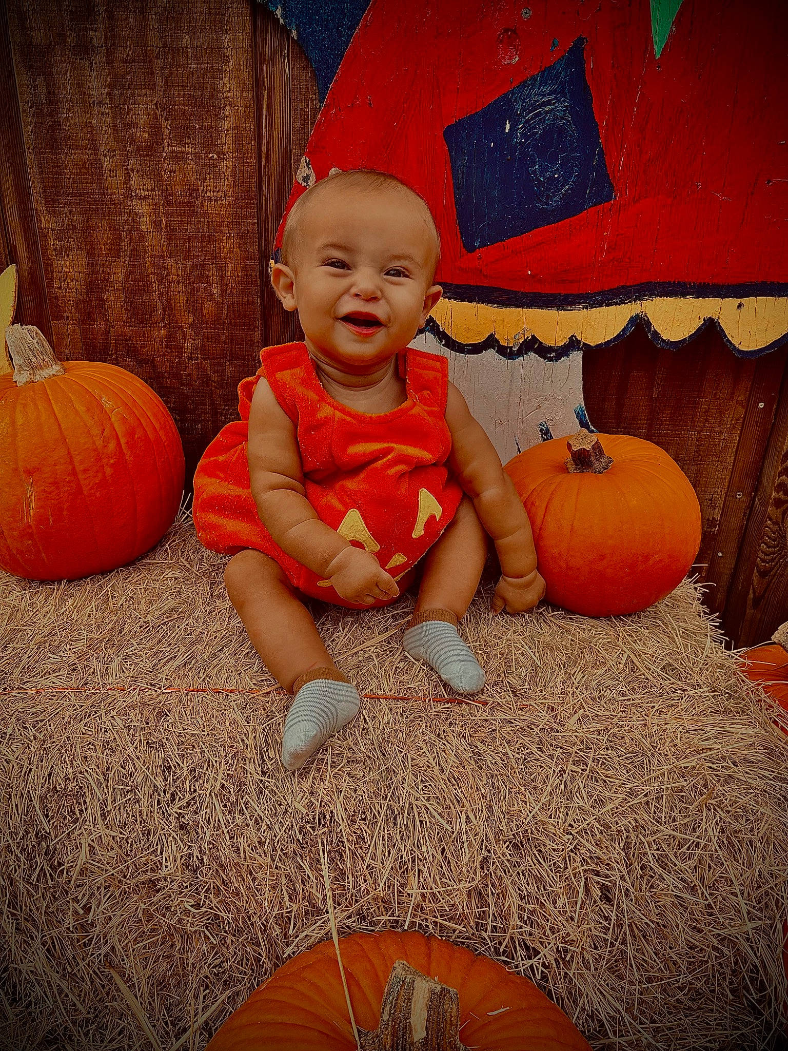 Asher joined the competition — help win amazing prizes! calabaza, eye, facial_expression, floor, flooring, gourd, happy, human_body, leaf, leg, orange, person, plant, pumpkin, shoe, smile, squash, standing, tree, winter_squash