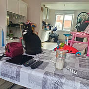 Vanille participe au concours pour gagner de l'argent avec cette photo : cat, black_cat, table, tablecloth, remote_control, glass, milk, purse, kitchen, window, toys, childrens_toy, chair, floor, cabinet, light, indoor, home, furniture, household_items