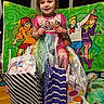 birthday, blanket, cartoon_backdrop, celebration, child, colorful, curtain, dress, floor, flooring, gift_bags, girl, happy, indoor, necklace, party, pose, scoobydoo, smiling, toy