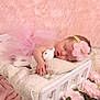 baby, sleeping, pink, tutu, headband, flower, knitted_toy, miniature_bed, pillow, roses, flowers, soft_texture, cuddling, peaceful, infant, cute, portrait, decor, blanket, toddler