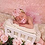 baby, sleeping, pacifier, flower_headband, pink, cushion, wooden_bed, roses, flowers, soft_texture, blanket, infant, resting, cute, portrait, closeup, decor, pink_theme, newborn, peaceful