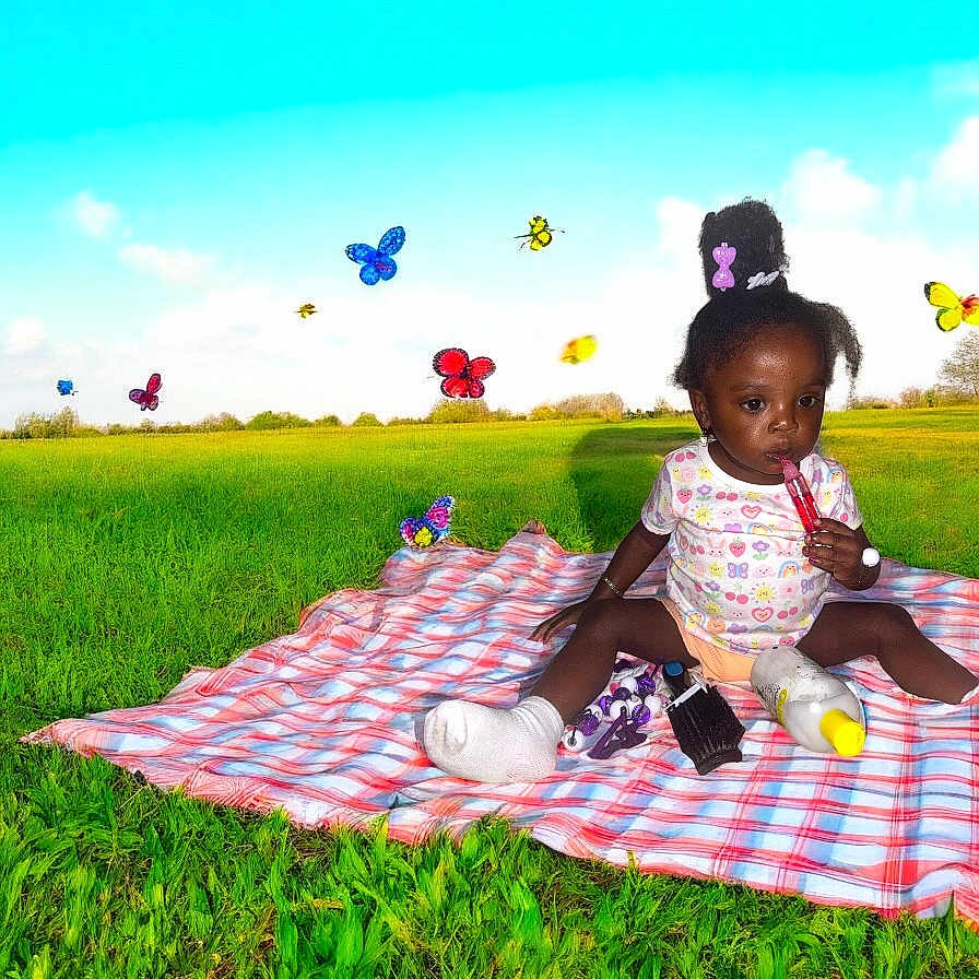 Khalaya is registered to the contest to win money with this photo: aircraft, airplane, blanket, child, clothing, face, female, girl, grass, head, hosiery, person, photography, plant, portrait, sitting, sock, summer, transportation, vehicle