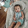 Aaliyah joined the competition — help win amazing prizes! baby, infant, baby_rocker, blue_outfit, plush_toys, star_shaped_toys, straps, wooden_floor, dining_chairs, baby_seat, indoor, child, cute, comfort, person, face, feet, ears, head, home