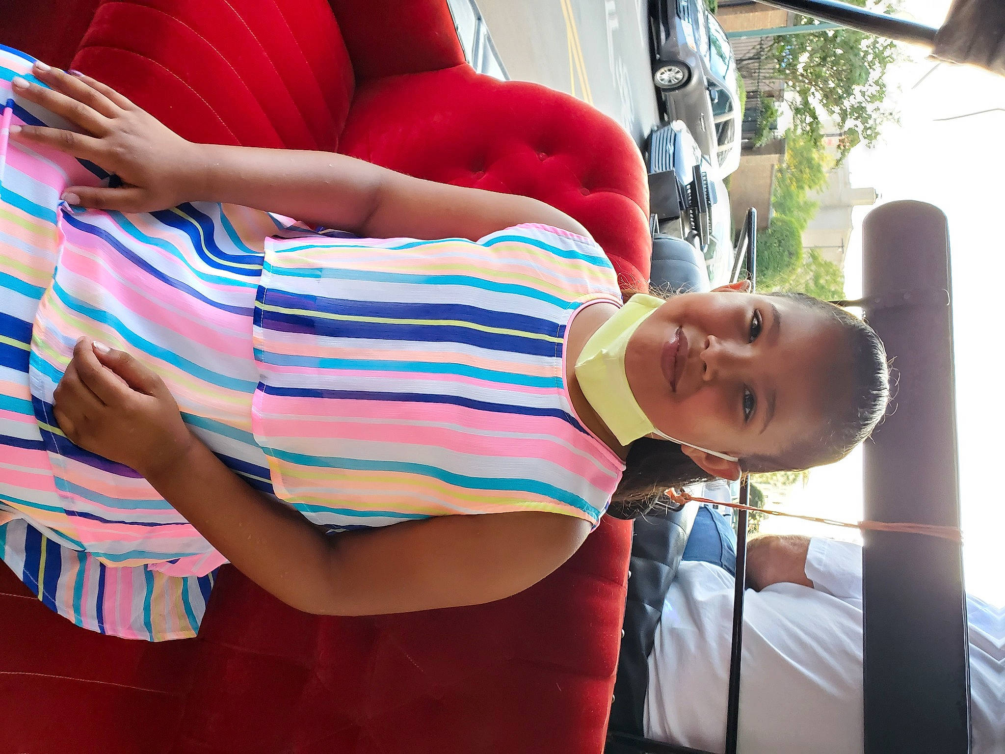 Janiyah is registered to the contest to win money with this photo: child, comfort, elbow, fun, gesture, happy, human_leg, joint, joy, leisure, magenta, pattern, person, red, summer, t_shirt, thigh, toddler, travel, tree