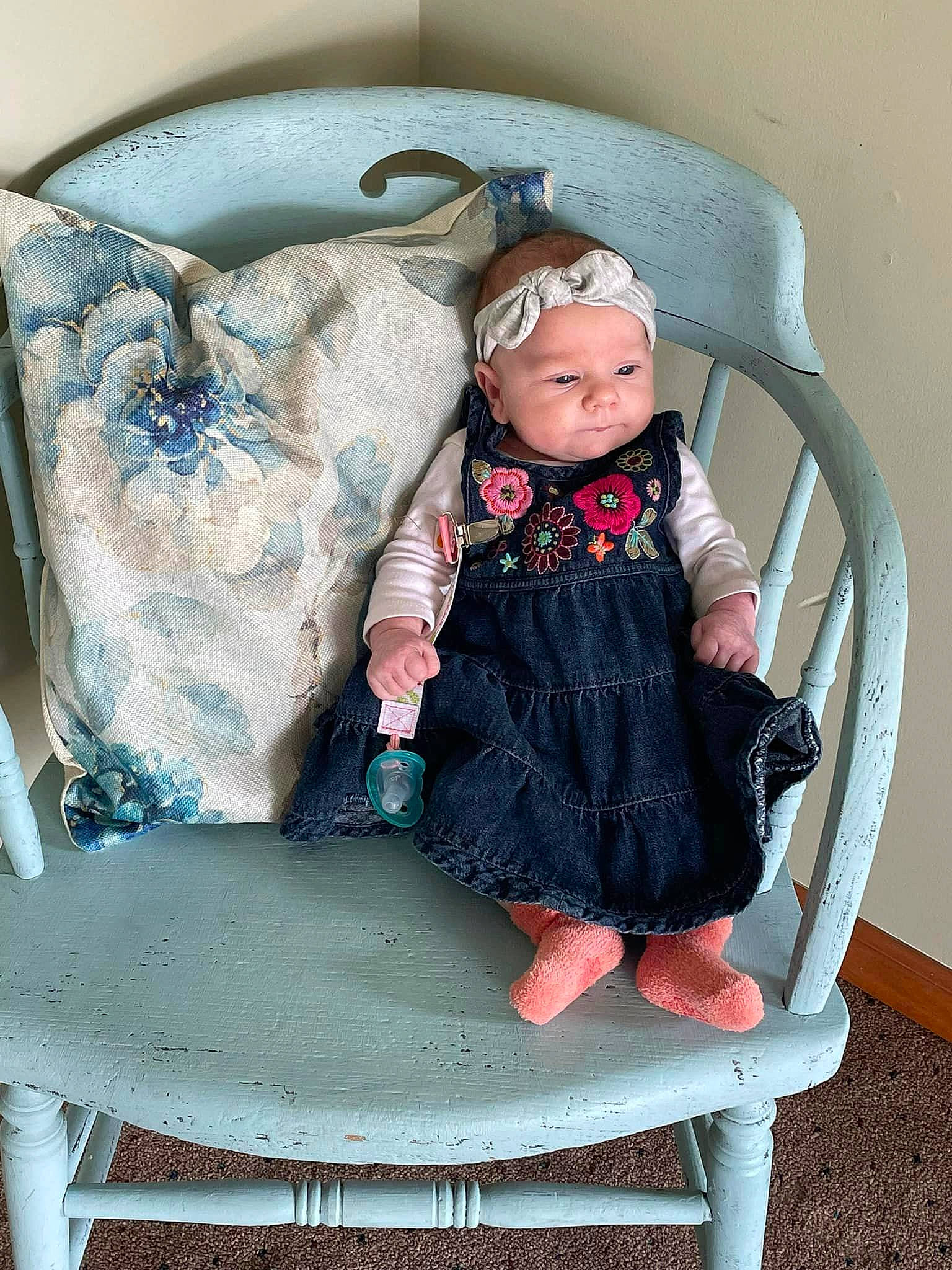 Aspyn is registered to the contest to win money with this photo: baby, baby_products, baby_safety, baby_toddler_clothing, chair, child, comfort, dress, fashion_accessory, hat, headwear, linens, magenta, pattern, person, pink, portrait_photography, purple, room, sitting