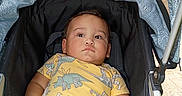 Karter joined the competition — help win amazing prizes! baby, child, stroller, outdoor, portrait, sitting, serious, face, brown_hair, dinosaur_shirt, yellow_clothing, gray_pants, infant, canopy, baby_carriage, harness, toy, teether, sunlight, photography