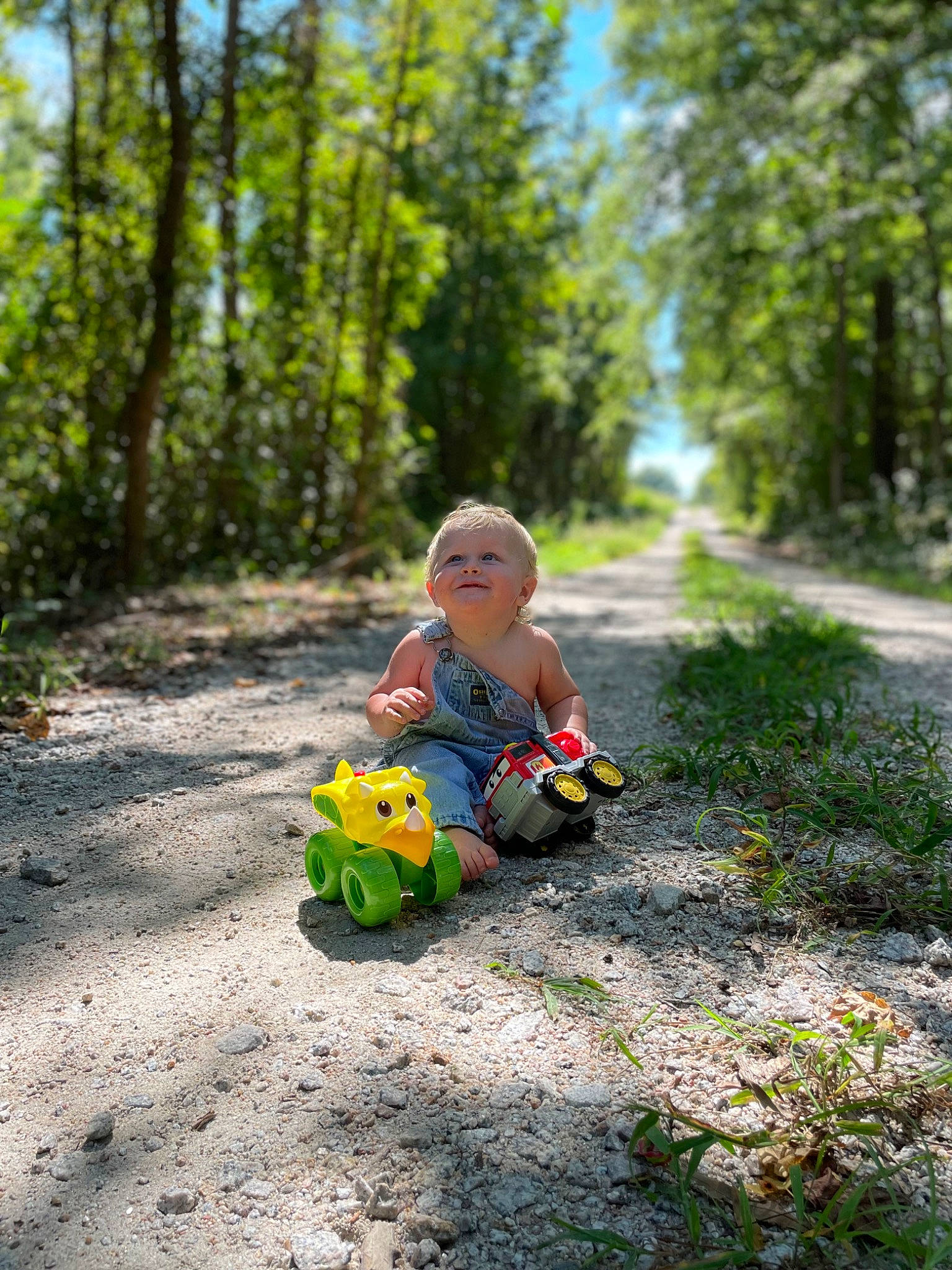 River is registered to the contest to win money with this photo: baby, baby_toddler_clothing, child, deciduous, forest, garden, grass, happy, joy, landscape, people_in_nature, person, plant, sitting, soil, sunlight, toddler, toy, tree, wood