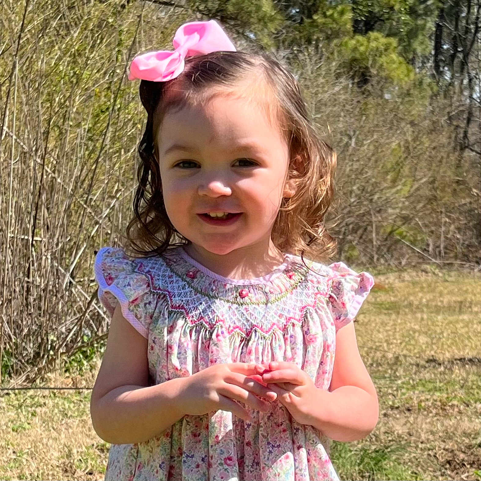 Alaina joined the competition — help win amazing prizes! accessories, child, clothing, dress, face, female, girl, grass, happy, head, laughing, nature, outdoors, person, photography, plant, portrait, smile, tree, yard