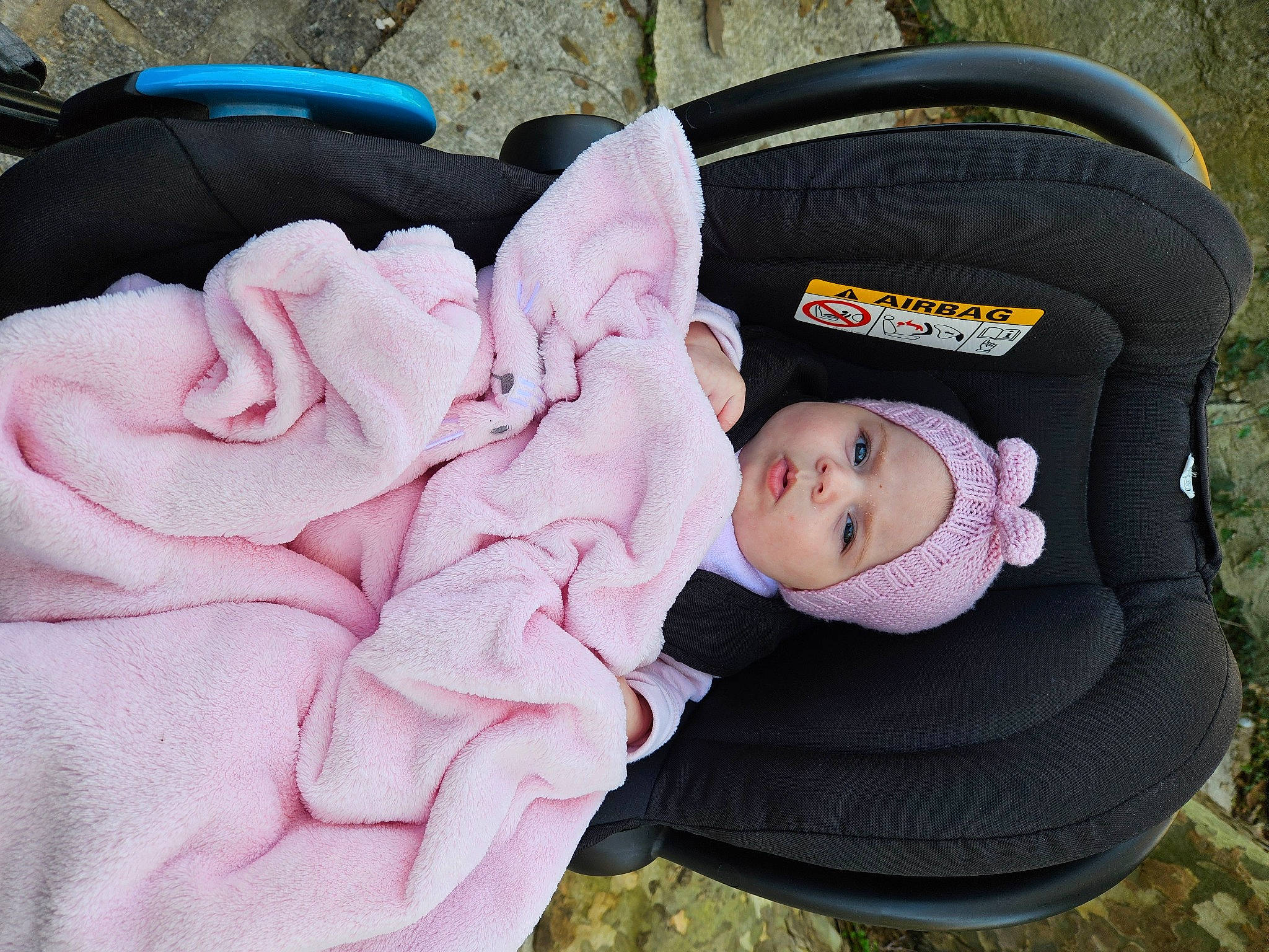 Louna participe au concours pour gagner de l'argent avec cette photo : baby, baby_carriage, baby_products, baby_toddler_clothing, bag, cap, car_seat, child, comfort, fashion_accessory, grass, hat, headwear, luggage_and_bags, person, petal, pink, purple, rose, sitting
