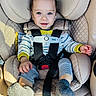 Pierson joined the competition — help win amazing prizes! baby, child, infant, car_seat, harness, seatbelt, sitting, portrait, smiling, blue_eyes, striped_clothing, sweater, pants, socks, vehicle_interior, backseat, safety, cozy, sunlight, photography