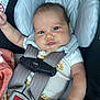 Hazel joined the competition — help win amazing prizes! baby, car_seat, child, infant, seatbelt, safety_harness, clothing, white_shirt, yellow_pants, patterned_clothing, blue_eyes, cheeks, raised_arm, soft_fabric, indoor, closeup, head_support, cute, person, seat