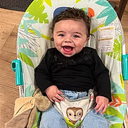 Noah participe au concours pour gagner de l'argent avec cette photo : baby, baby_seat, black_shirt, blue_jeans, child, colorful, comfort, cute, expression, face, happy, indoor, infant, person, plush_toy, seated, smiling, socks, wooden_floor, young_child
