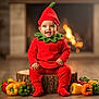 Krishika is registered to the contest to win money with this photo: baby, child, costume, red, pepper, hat, smiling, sitting, wooden_stump, fireplace, indoor, floor, colorful_peppers, green_pepper, yellow_pepper, orange_pepper, red_pepper, cute, portrait, warm_lighting