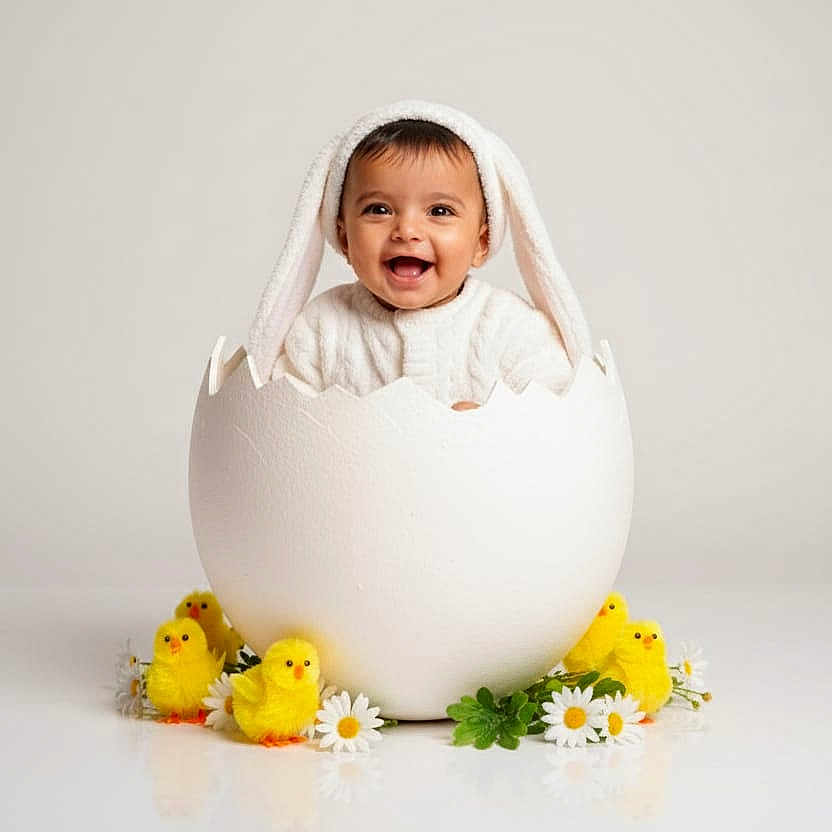 Krishika joined the competition — help win amazing prizes! baby, bunny_ears, child, costume, cute, daisies, decor, easter, egg_shell, flowers, happy, infant, playful, portrait, props, smiling, spring, studio, white_background, yellow_chicks