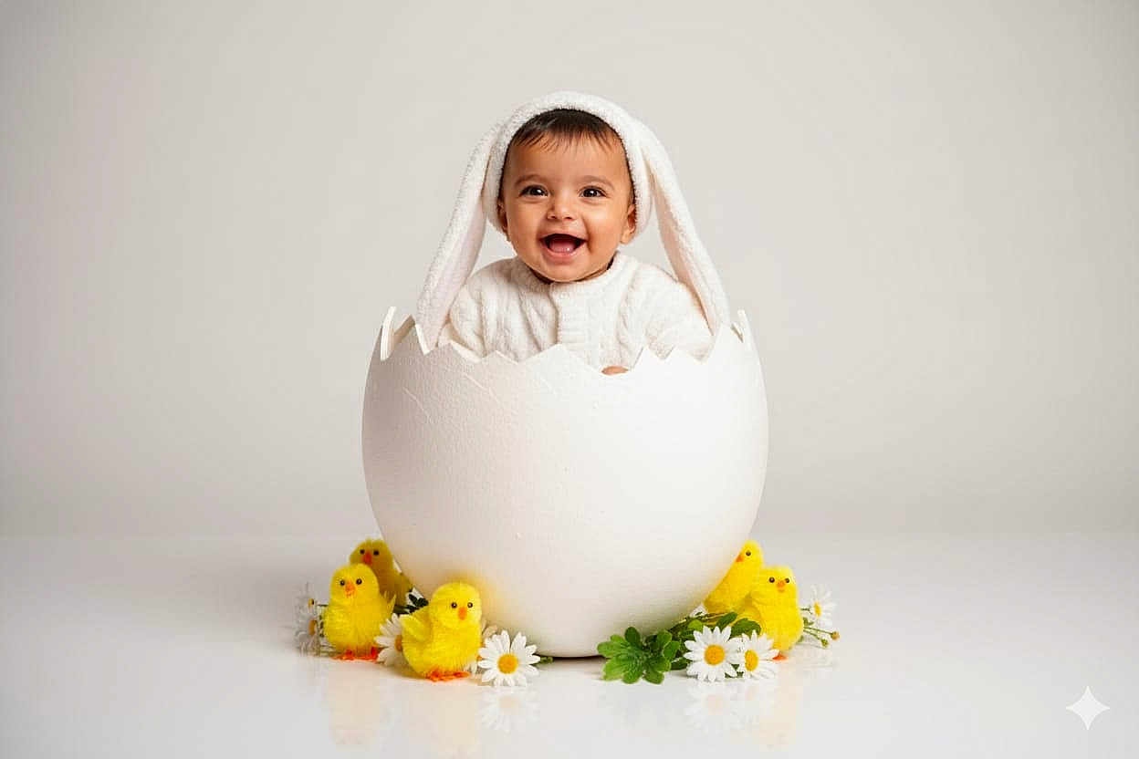 Krishika joined the competition — help win amazing prizes! baby, child, bunny_ears, egg_shell, yellow_chicks, daisies, flowers, smiling, cute, studio, white_background, spring, costume, props, portrait, happy, infant, playful, decor, easter
