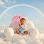 baby, infant, umbrella, pink_umbrella, rainbow, clouds, fluffy_chair, blue_sky, happy, smiling, cute, sitting, outdoor, sunny, child, one_baby, pastel_colors, soft_texture, playful, bright