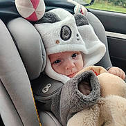 Camélia a rejoint le concours — aidez-le/la à gagner de superbes lots ! baby, child, car_seat, panda_hood, plush_toy, hooded_clothing, cute, indoors, window, rain, car_interior, soft_toy, warm_clothing, infant, portrait, face, looking, seatbelt, child_safety, cozy