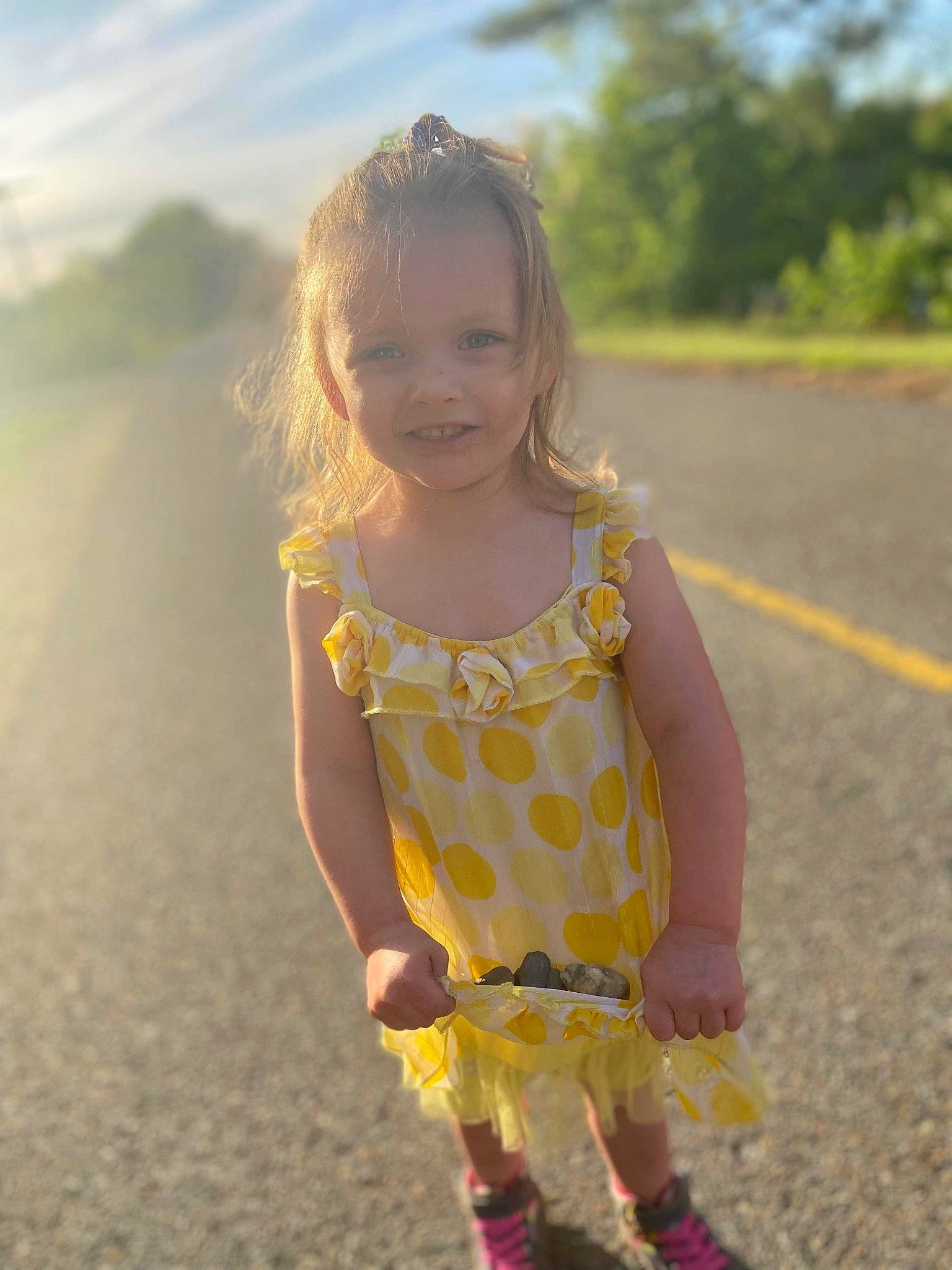 Khloe joined the competition — help win amazing prizes! baby_toddler_clothing, blond, child, face, fun, grass, grass_family, grassland, hair, happy, head, joy, pattern, people_in_nature, person, sky, sleeve, smile, standing, sunlight