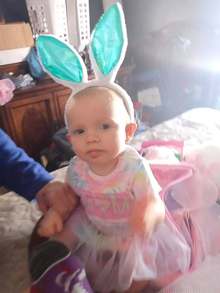 Heavenly Joy Tucker joined the competition — help win amazing prizes! baby, baby_toddler_clothing, child, costume_hat, desk, ear, fashion_accessory, fun, happy, hat, head, magenta, peach, person, pink, product, rabbit, rabbits_and_hares, sitting, textile