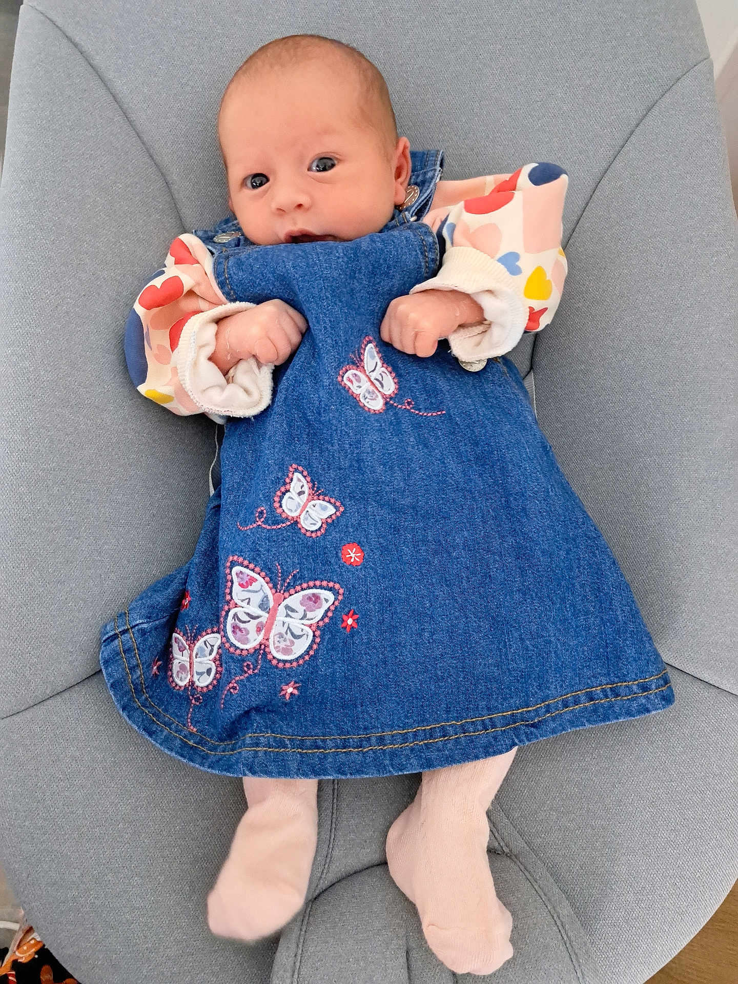 Théa participe au concours pour gagner de l'argent avec cette photo : baby, infant, denim_dress, butterfly, colorful_clothing, socks, chair, cushion, indoor, person, portrait, cute, small_hands, soft_furniture, curious_expression, seated, child, newborn, fashion, cozy