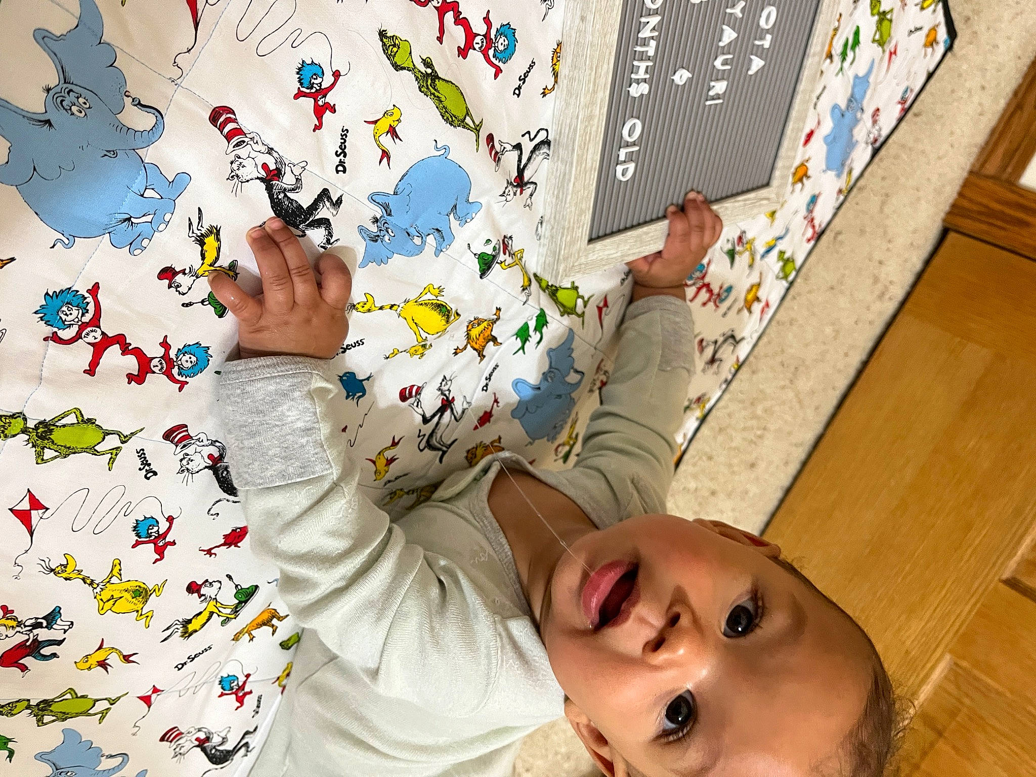 Dakota is registered to the contest to win money with this photo: art, baby, baby_toddler_clothing, child, finger, flooring, font, gesture, hand, happy, jigsaw_puzzle, nail, pattern, people_in_nature, person, play, smile, surprise, thumb, toddler