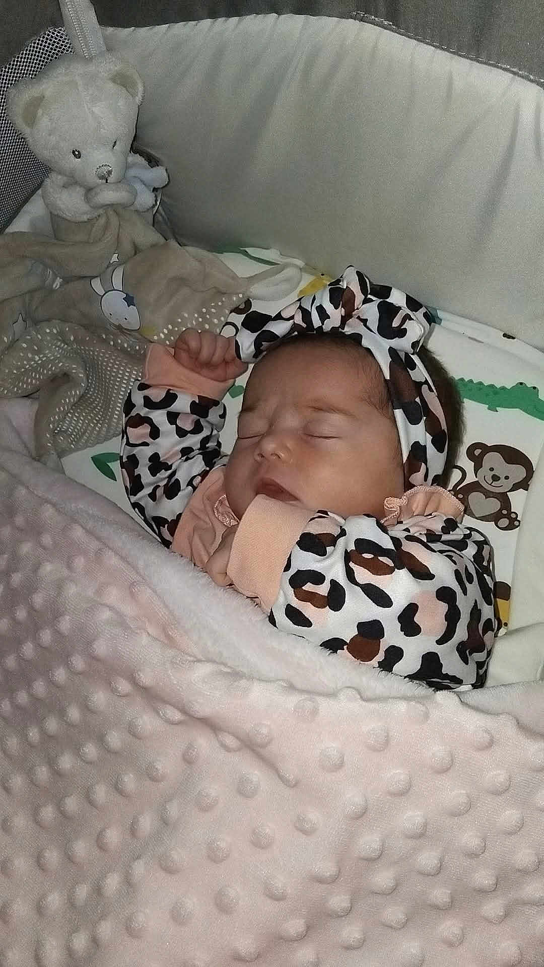 Emmy participe au concours pour gagner de l'argent avec cette photo : baby, sleeping_baby, crib, blanket, headband, leopard_print, stuffed_toy, teddy_bear, pajamas, sleeping, infant, closed_eyes, peaceful, soft_texture, minky_blanket, nursery, patterned_fabric, hand, cheek, portrait