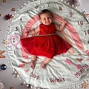 Elena a rejoint le concours — aidez-le/la à gagner de superbes lots ! baby, child, red_dress, milestone_blanket, smile, infant, lying_down, decorations, numbers, months, weeks, days, cute, celebration, holiday, happy, face, pose, indoor, photography