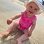 Josie-Leigh joined the competition — help win amazing prizes! baby, barefoot, beach, child, cute, fun, happy, infant, outdoor, pink_swimsuit, play, portrait, sand, sitting, smiling, summer, sun_protection, sunlight, water, white_hat