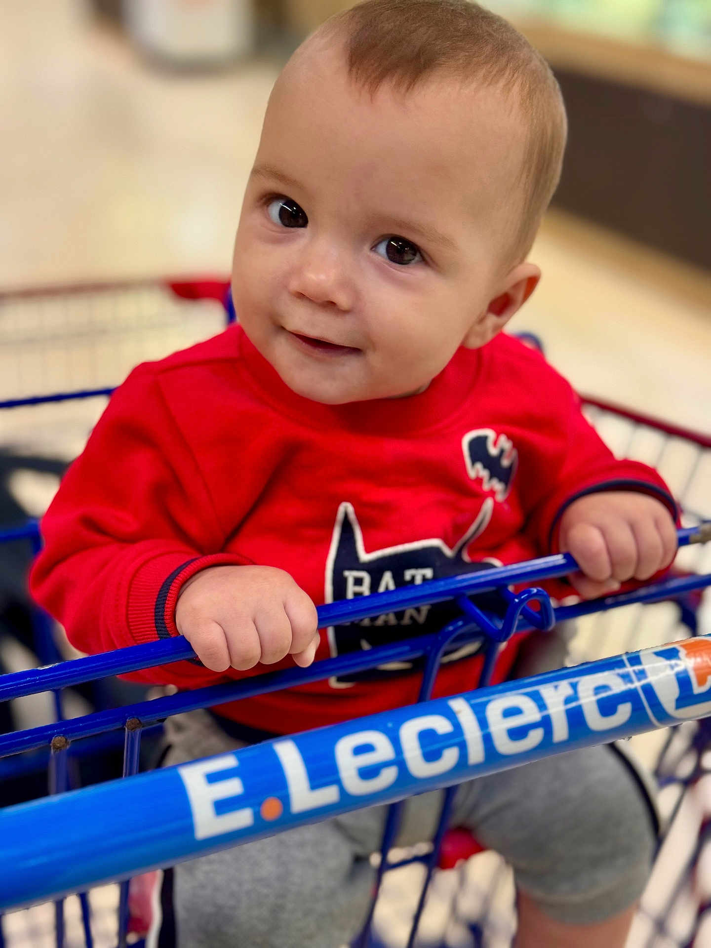 Leví a rejoint le concours — aidez-le/la à gagner de superbes lots ! baby, child, shopping_cart, red_sweater, batman_logo, hand, face, smile, indoor, store, curious_eyes, grip, blue_handlebar, cute, young_child, casual_clothing, portrait, infant, closeup, happy