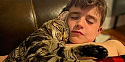 Andy is registered to the contest to win money with this photo: cat, tabby_cat, boy, child, sleeping, nap, couch, blanket, close_up, indoor, cozy, pet, feline, friendship, rest, peaceful, comfort, warm, home, relaxation