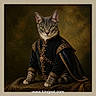 Mufasa is registered to the contest to win money with this photo: cat, tabby, portrait, costume, robe, medieval, royal, ornate, gold_chain, jewelry, green_eyes, sitting, indoor, dark_background, dramatic_lighting, painterly, illustration, pet, fashion, text_overlay