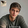 man, young_adult, portrait, face, brown_hair, green_eyes, gray_shirt, indoor, close_up, looking_at_camera, cat, tabby_cat, pet, upper_left_inset, website_text, text_overlay, neutral_expression, soft_lighting, plain_background, photography