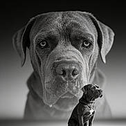 Tyson a rejoint le concours — aidez-le/la à gagner de superbes lots ! dog, puppy, portrait, black_and_white, monochrome, sitting, indoors, studio, dramatic_lighting, large_dog_face, small_dog, centered_composition, close_up, full_body, sad_expression, eyes, short_hair, collar, floor, shadow