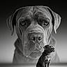 dog, puppy, portrait, black_and_white, monochrome, sitting, indoors, studio, dramatic_lighting, large_dog_face, small_dog, centered_composition, close_up, full_body, sad_expression, eyes, short_hair, collar, floor, shadow
