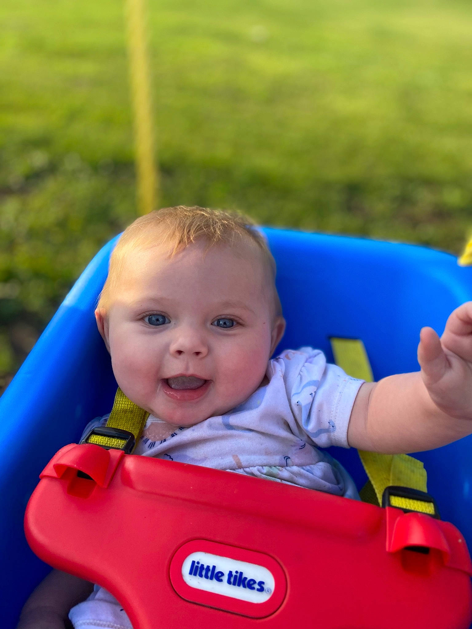 Emilynn is registered to the contest to win money with this photo: baby, baby_products, baby_toddler_clothing, blue, child, electric_blue, eye, face, facial_expression, fun, grass, happy, head, joy, leisure, outdoor_play_equipment, person, play, recreation, sitting