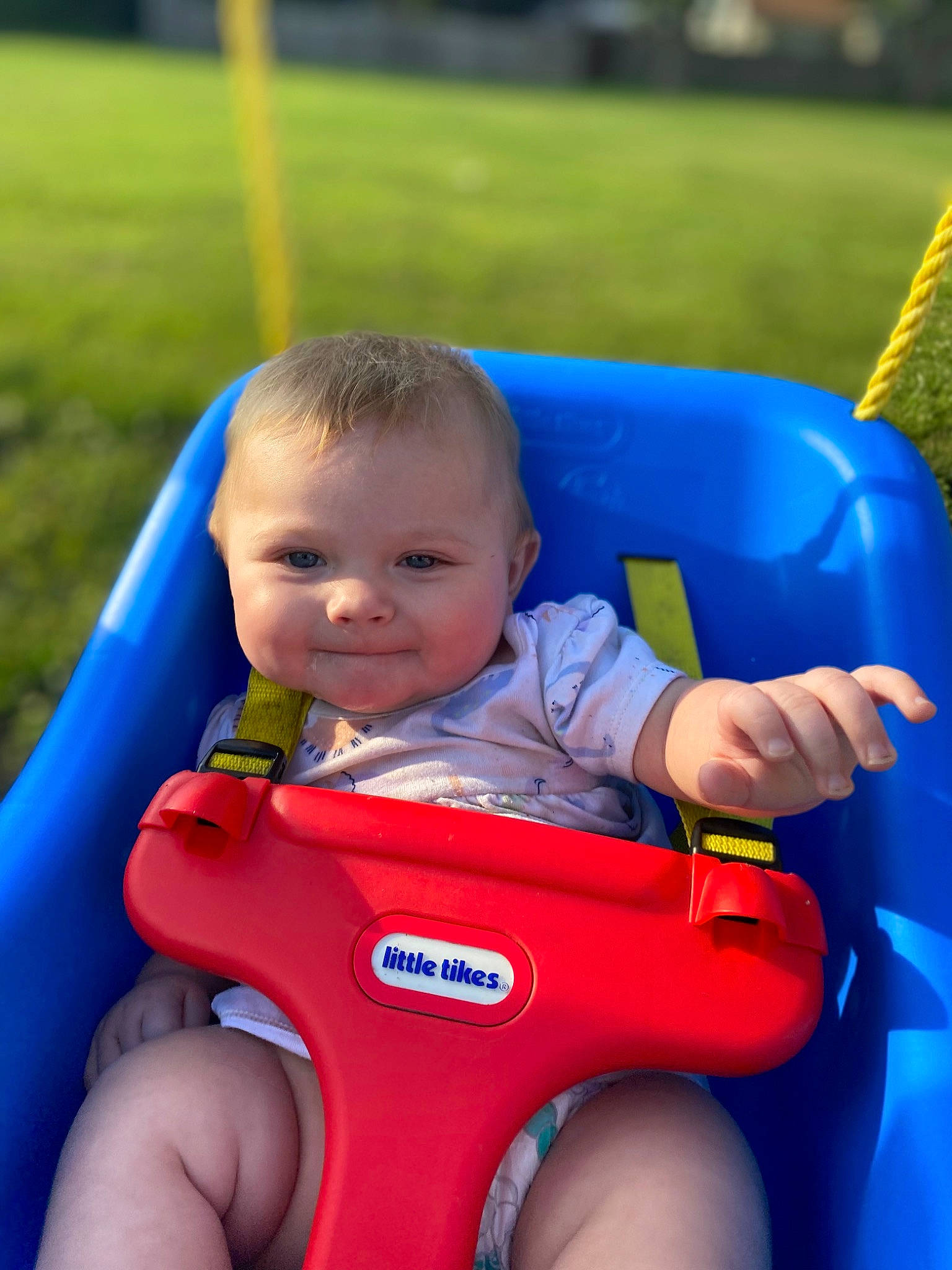 Emilynn joined the competition — help win amazing prizes! baby, baby_toddler_clothing, blue, child, electric_blue, facial_expression, fun, grass, happy, joy, leisure, person, photograph, playground, product, recreation, red, skin, smile, snapshot