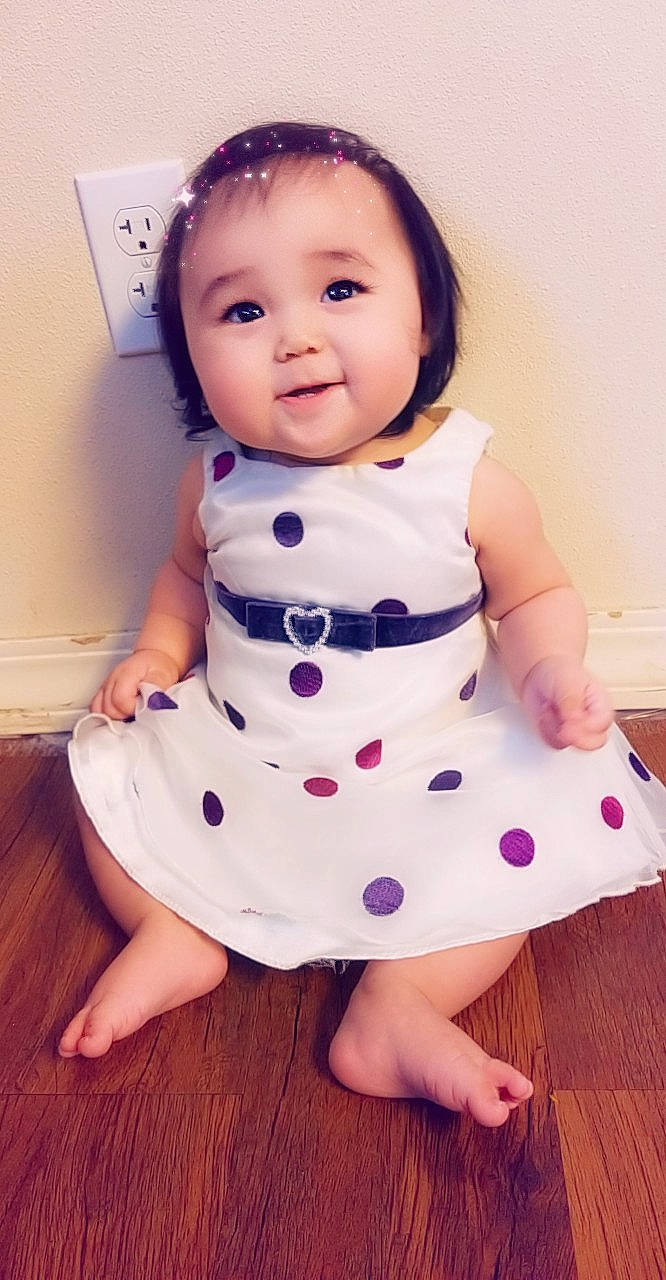 Rachael Johnson is registered to the contest to win money with this photo: baby, baby_products, baby_toddler_clothing, cheek, child, child_model, clothing, daughter, design, dress, pattern, person, pink, polka_dot, purple, sitting, skin, sleeve, smile, toddler